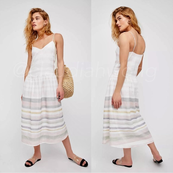 MARA HOFFMAN Drop Waist Linen Midi Slip Dress in Sage Multi White - Picture 2 of 8